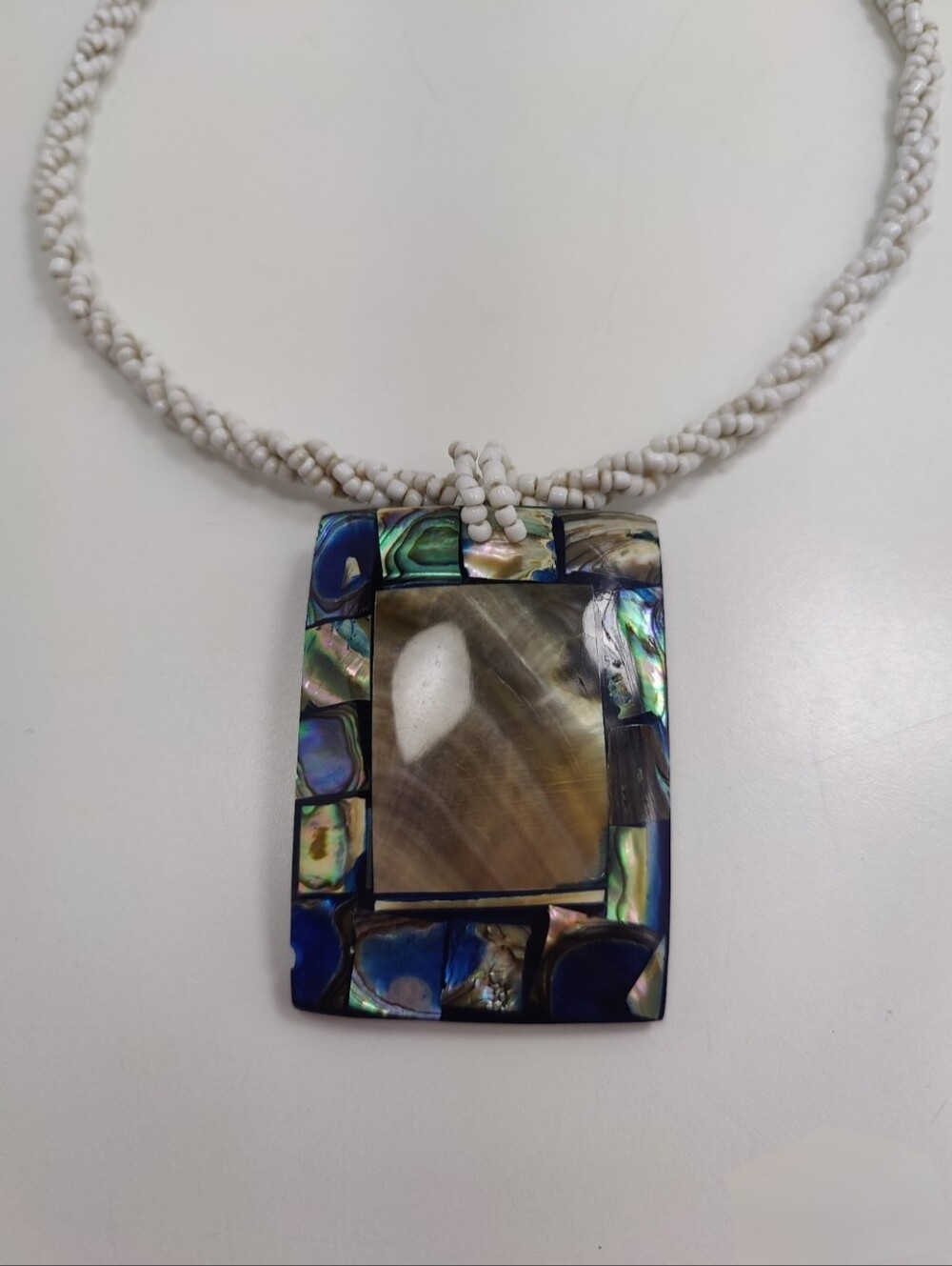 Vintage Abalone Shell Inlay Resin Pendant Seed Bead Necklace 16"